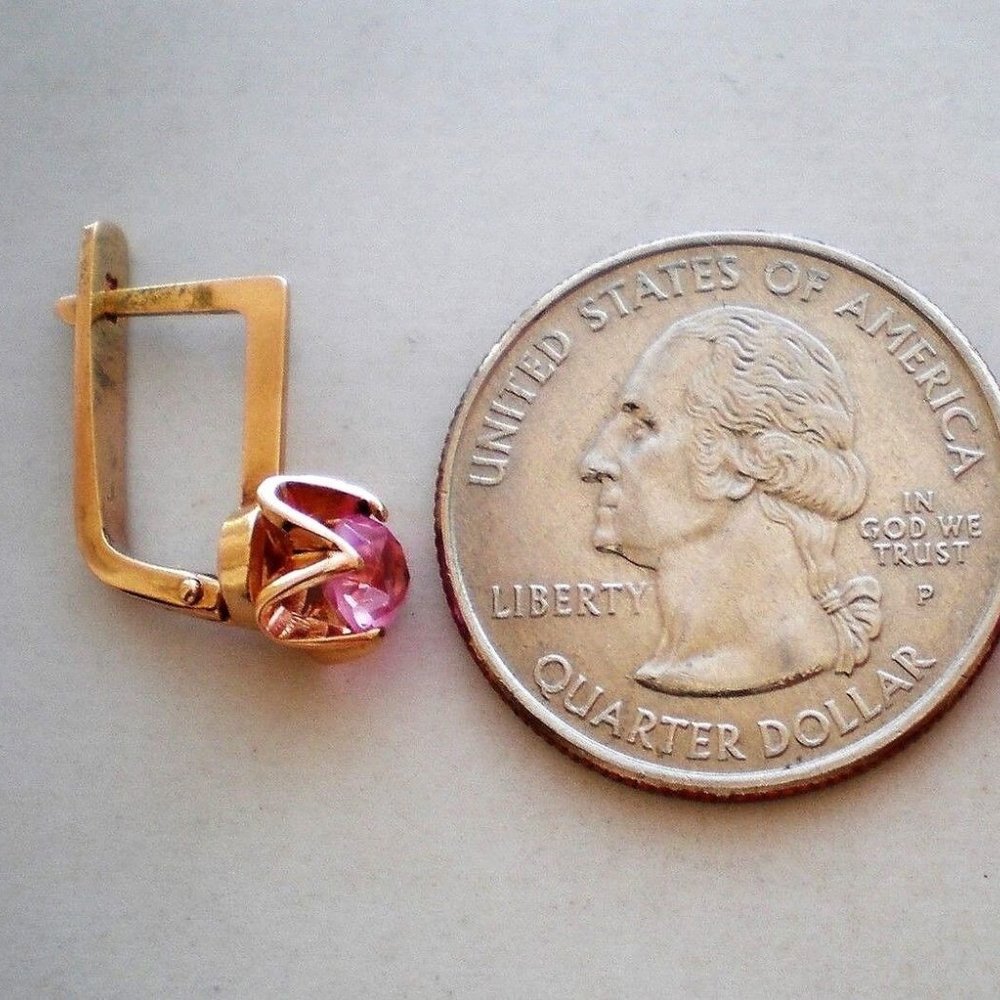 Vintage Russian Russia USSR 14K 583 Rose Pink Gold Pink Tourmaline EARRINGS - Picture 3 of 4